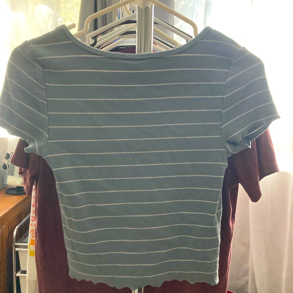 Pink rose size medium shirt.Sage green ribbed material with buttons down middle.